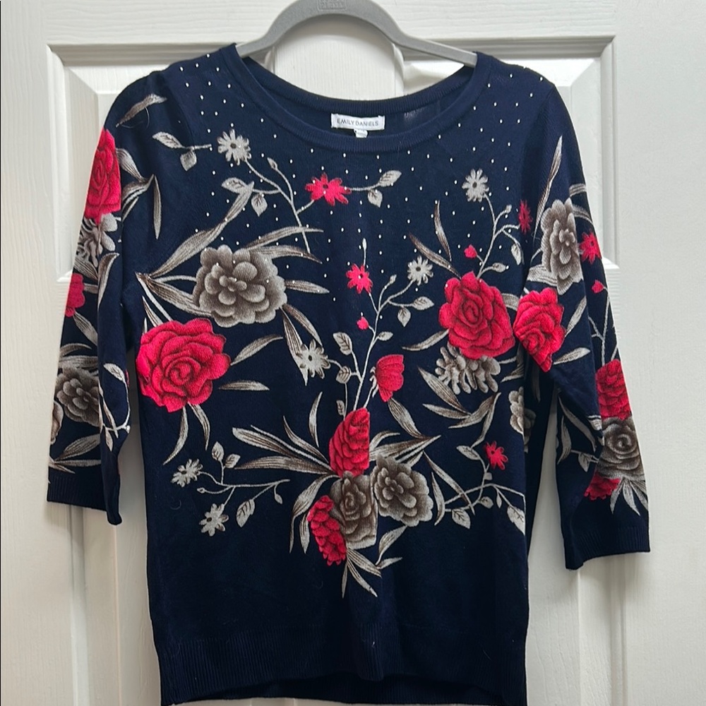 NWTS Blue and Red Crew Neck Sweater with Floral Design